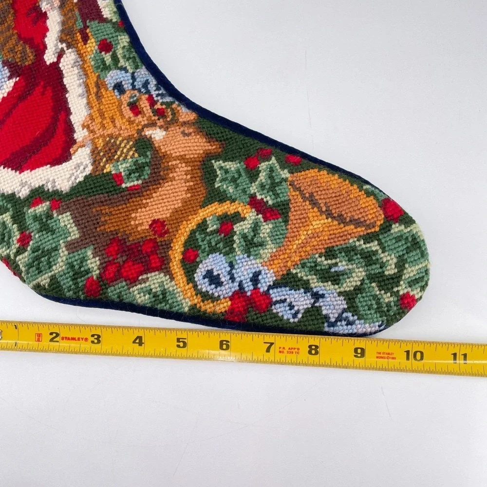 Vintage Needlepoint Christmas Stocking Santa Claus Reindeer Navy Velvet 19 inch
